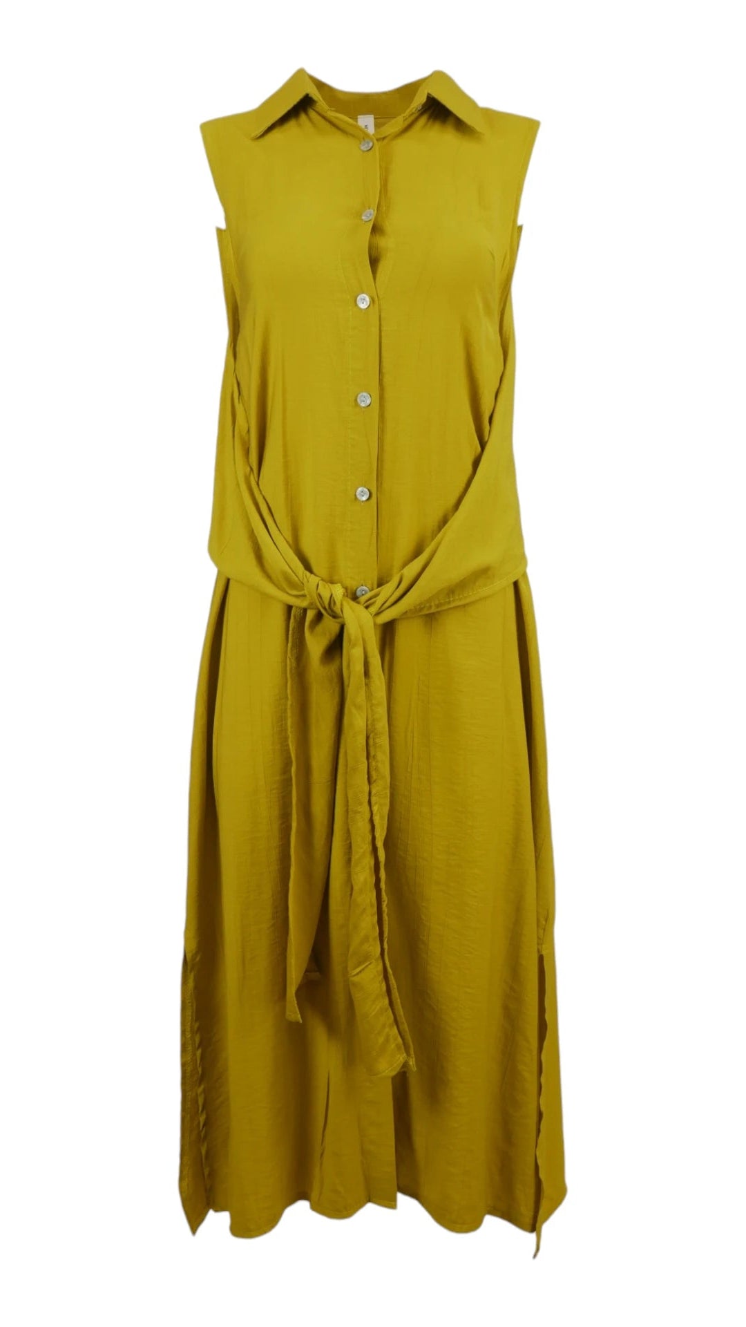 Vestido lazo mujer mostaza con lazo ajustable y caída ligera
