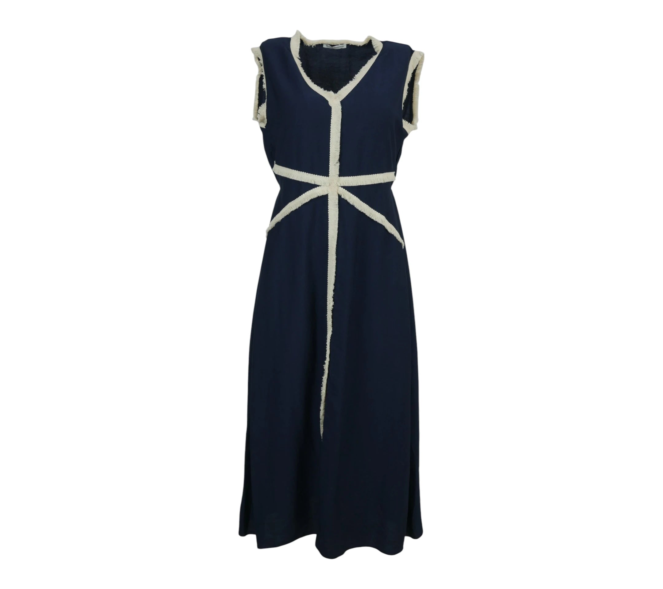 Vestido Sevilla azul marino con detalle desflecado en contraste en cintura y escote