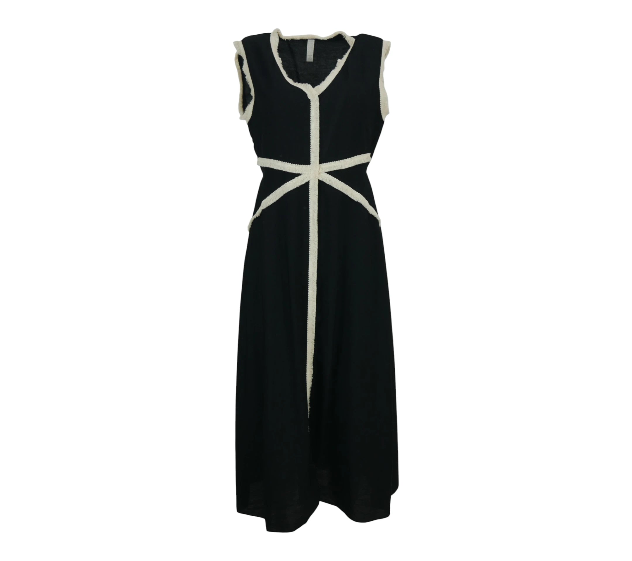 Vestido Sevilla negro con detalle desflecado en contraste en cintura y escote