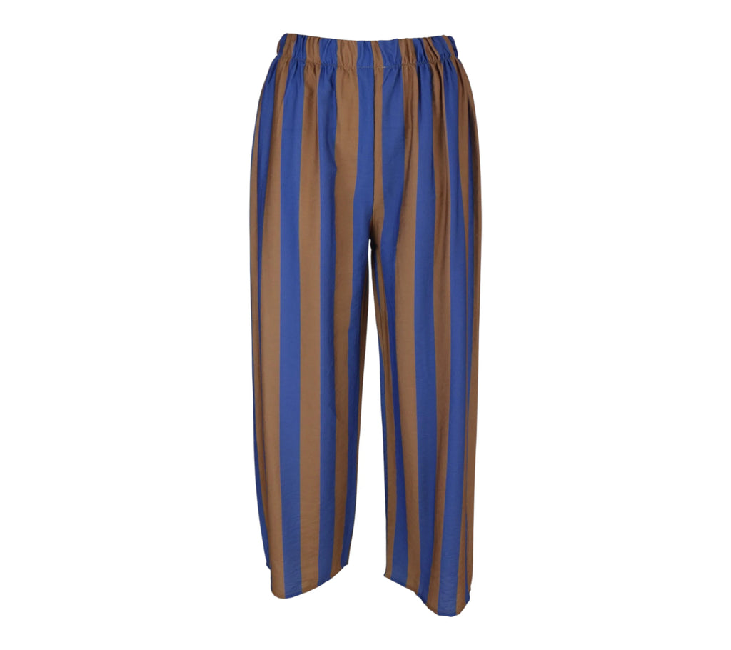 Pantalón Mariola de rayas verticales azul y marrón con corte amplio