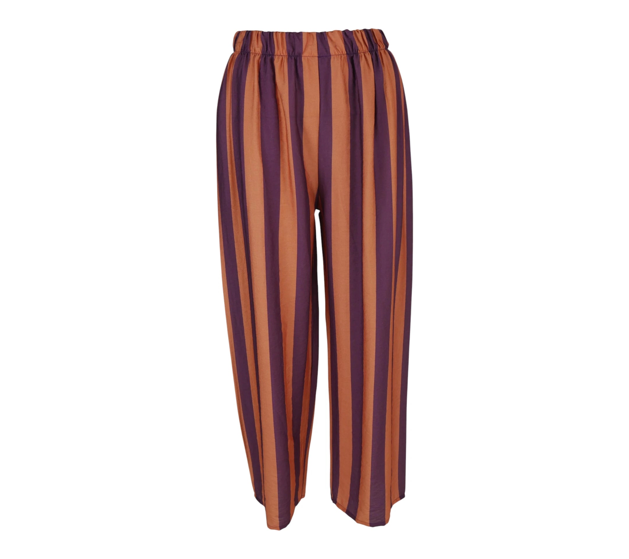 Pantalón Mariola de rayas verticales naranja y morado con caída ligera