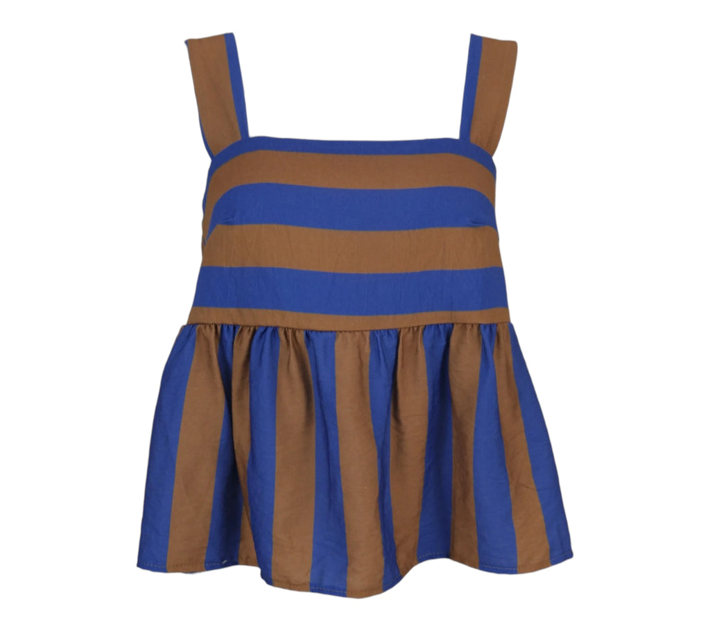 Top de rayas azul y marrón con tirantes y corte fluido detalle frontal