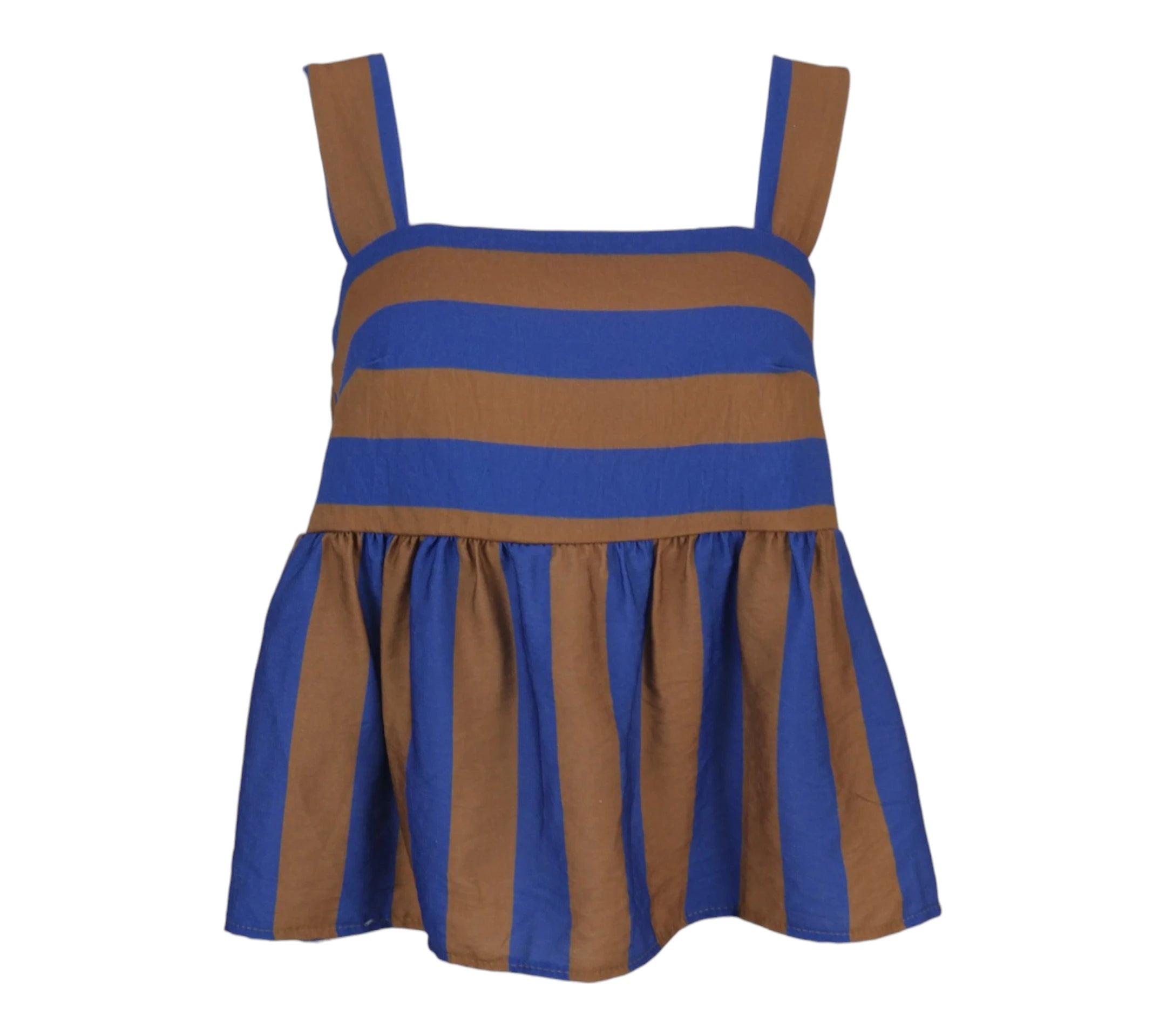 Top de rayas azul y marrón con tirantes y corte fluido detalle frontal