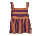 Top de rayas naranja y morado con tirantes y bajo con vuelo
