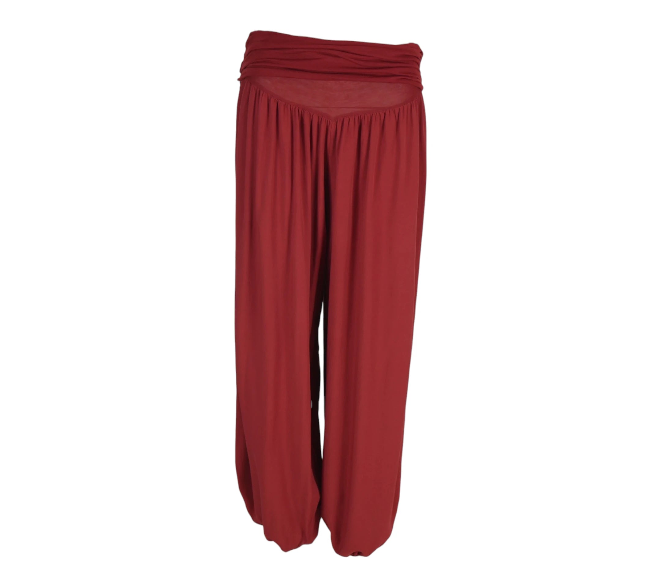 Pantalón fluido drapeado en color caldera con cintura fruncida y caída ligera