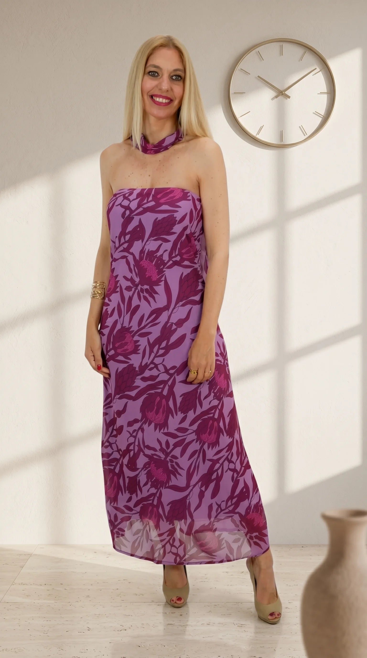 Vestido largo floral palabra de honor rosa lila