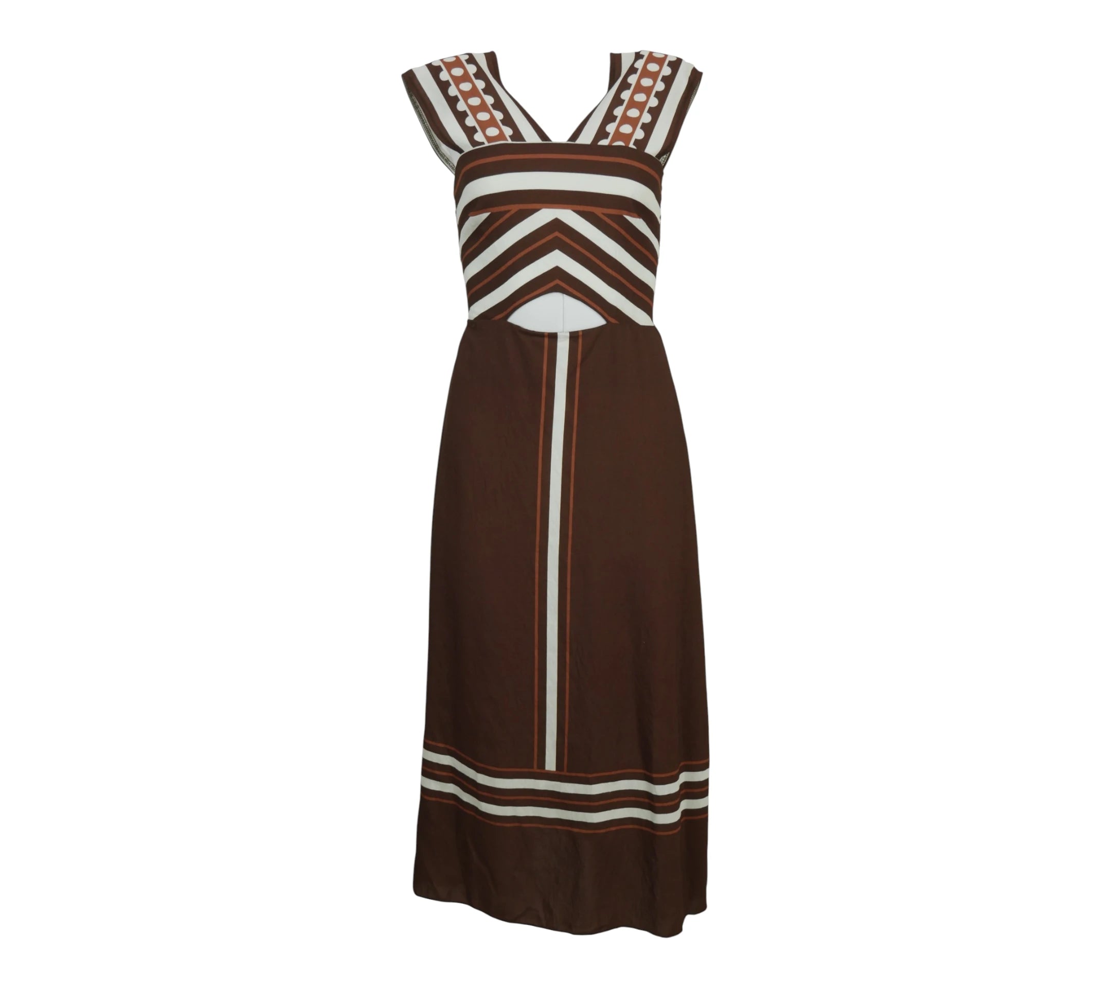 Vestido Cutout largo marrón líneas contraste diseño retro