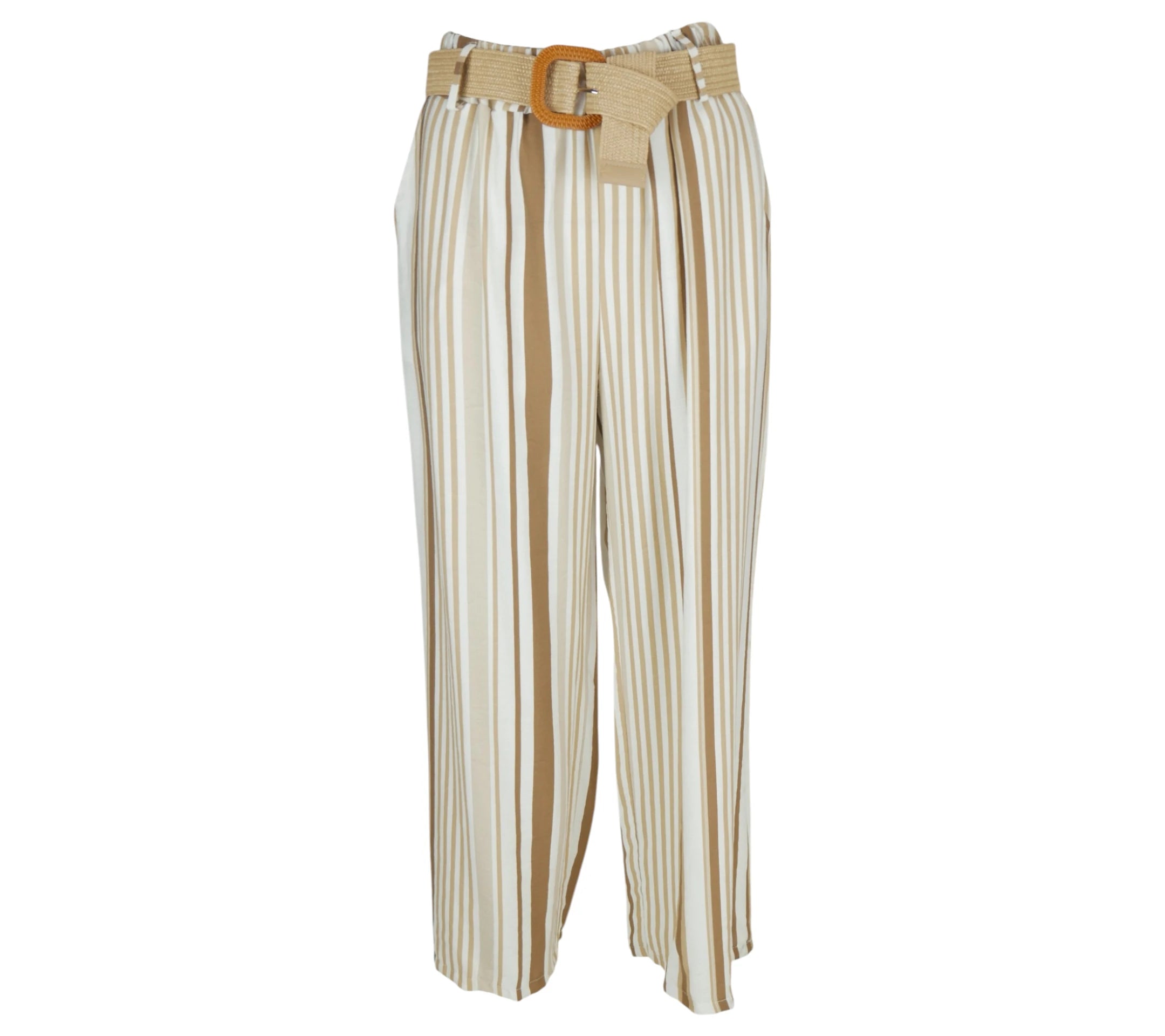 Pantalón Canela color beige y camel con cinturón de rafia