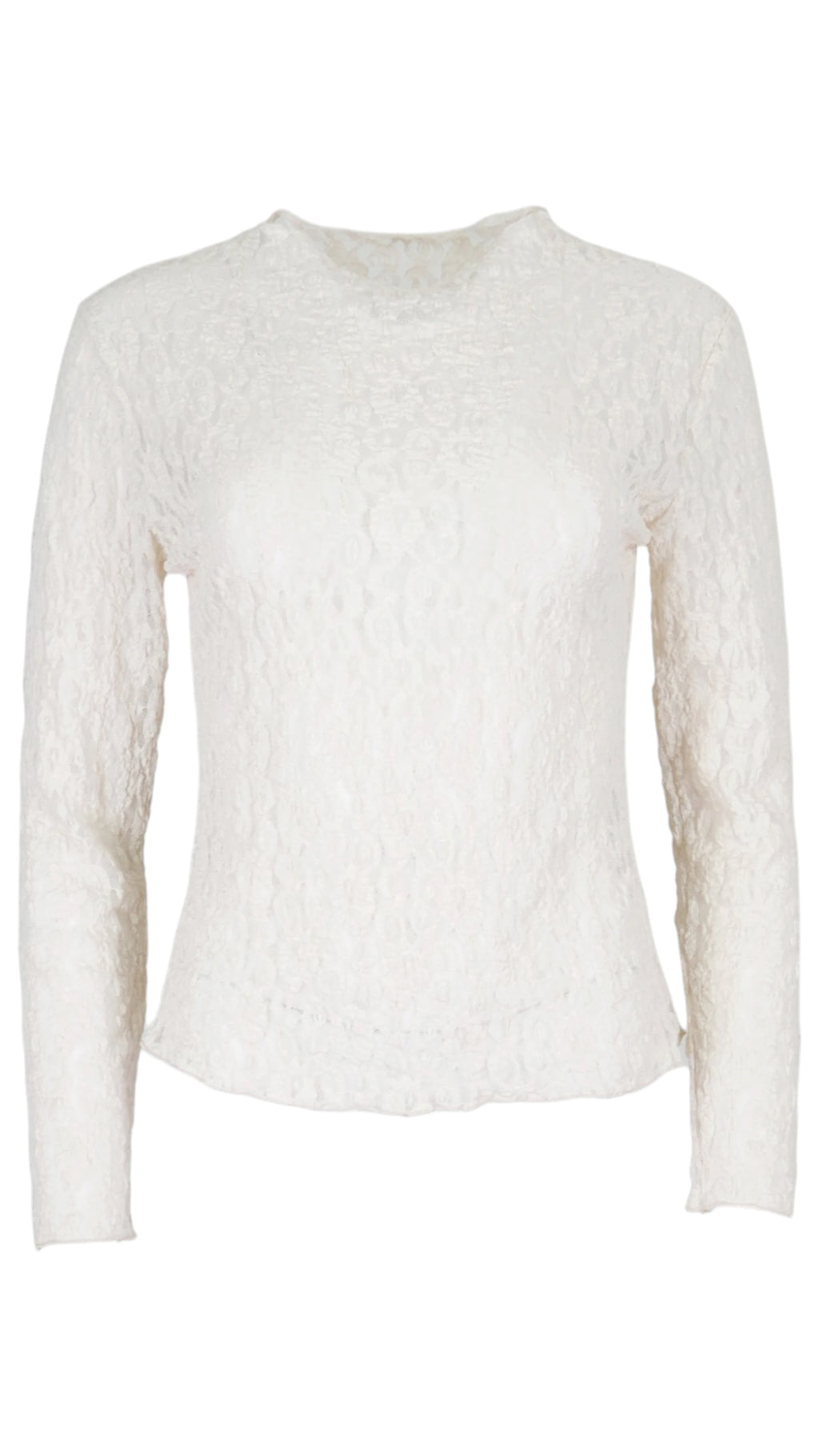 Top de encaje floral en color beige, con transparencias, cuello redondo y manga larga ajustada.