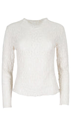 Top de encaje floral en color beige, con transparencias, cuello redondo y manga larga ajustada.