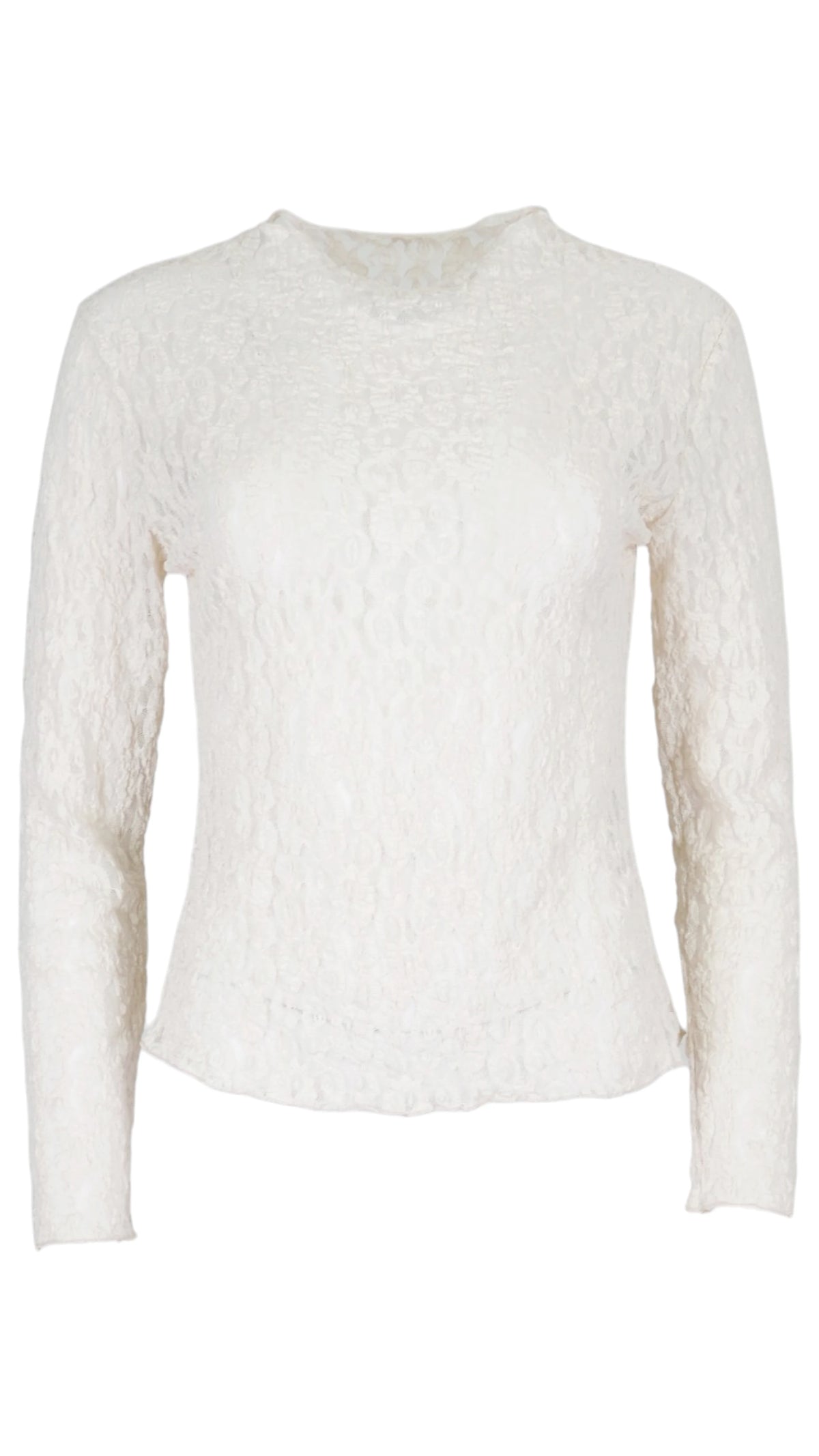 Top de encaje floral en color beige, con transparencias, cuello redondo y manga larga ajustada.