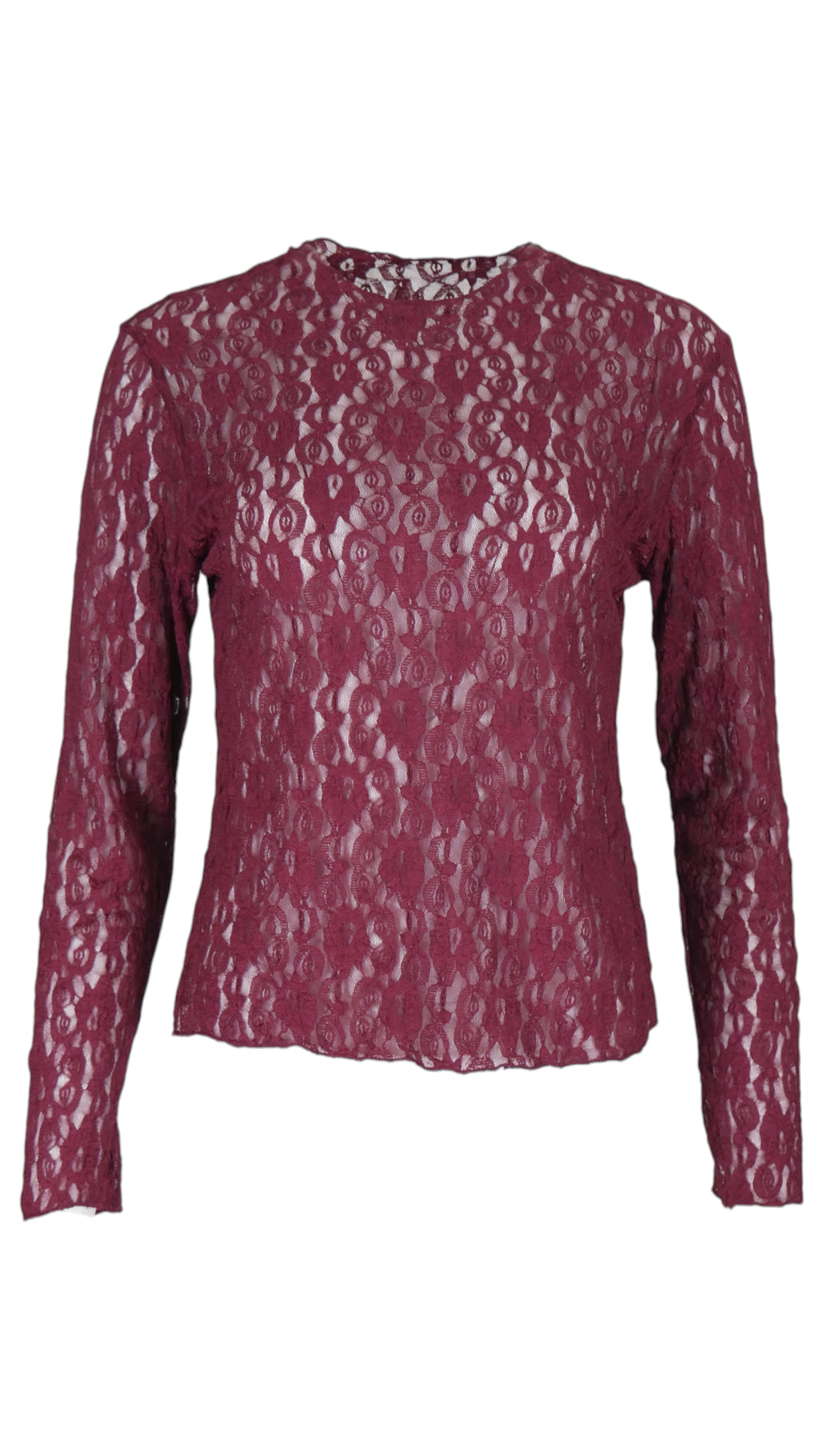 Top de encaje floral en color burdeos, con transparencias, cuello redondo y manga larga ajustada.