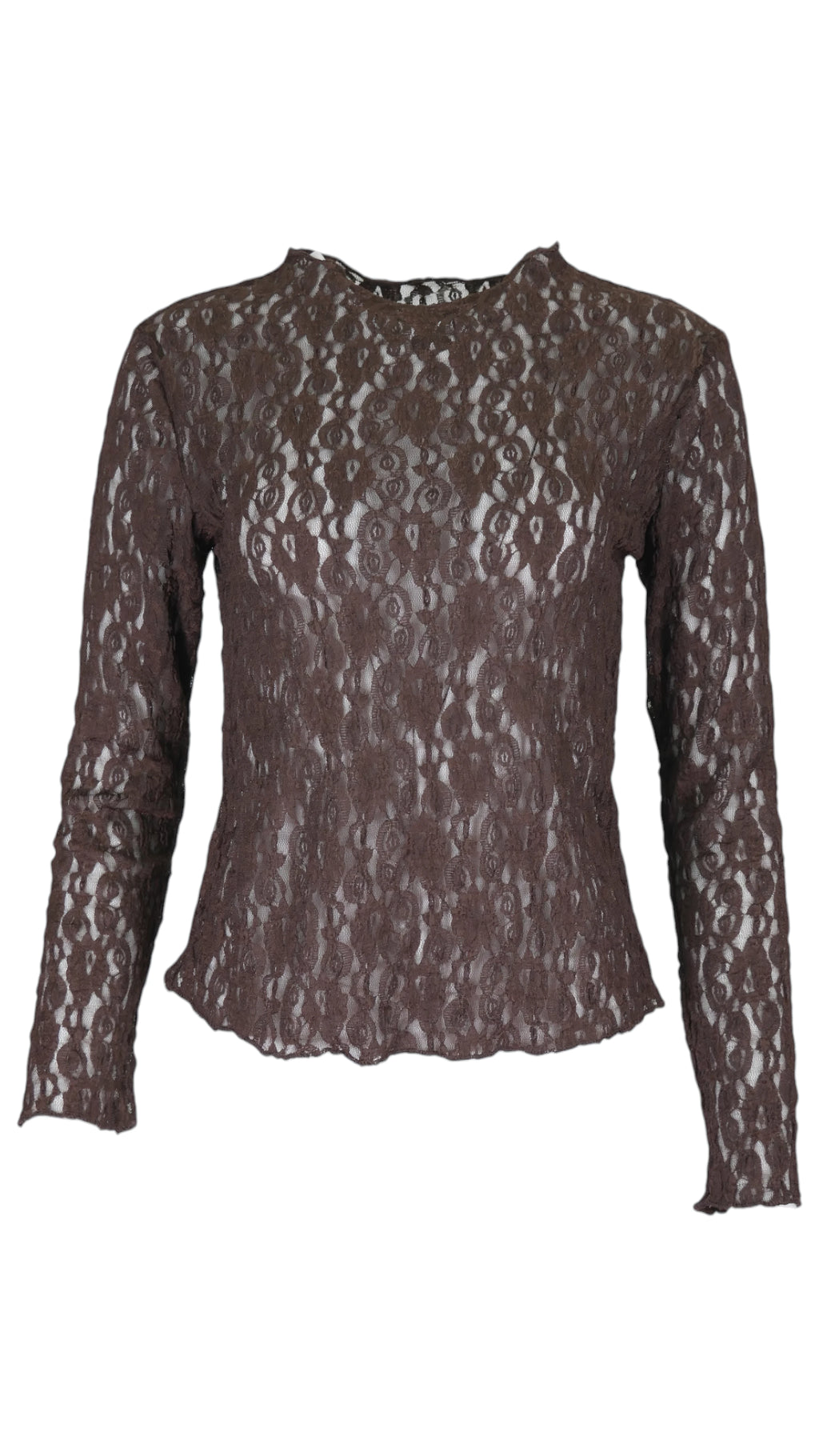 Top de encaje floral en color marrón, con transparencias, cuello redondo y manga larga ajustada.