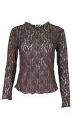 Top de encaje floral en color marrón, con transparencias, cuello redondo y manga larga ajustada.