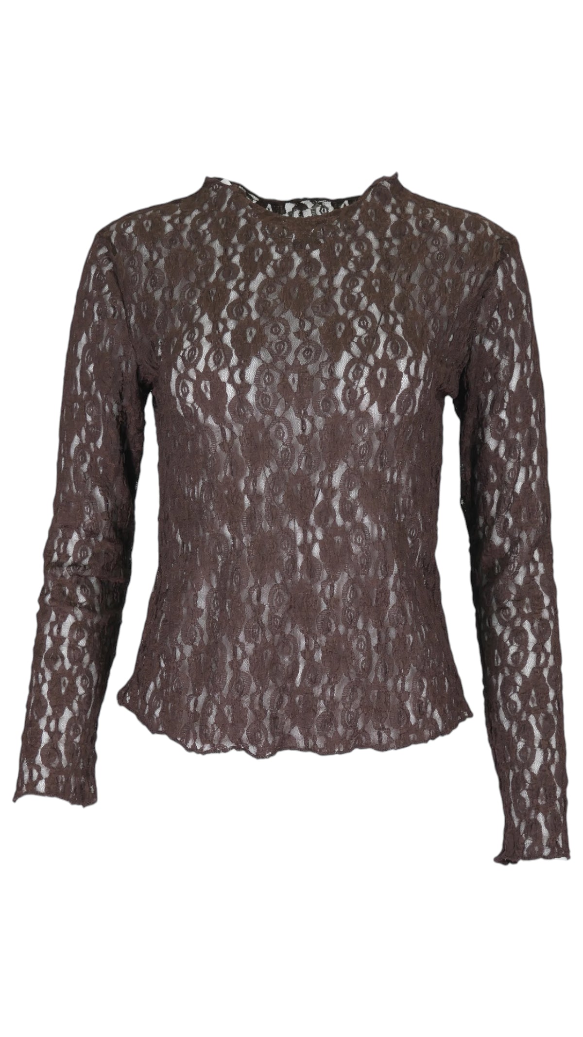 Top de encaje floral en color marrón, con transparencias, cuello redondo y manga larga ajustada.