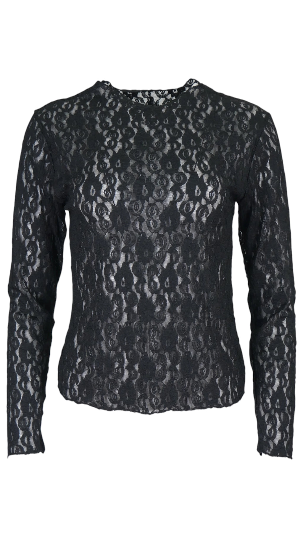 Top de encaje floral en color negro, con transparencias, cuello redondo y manga larga ajustada.