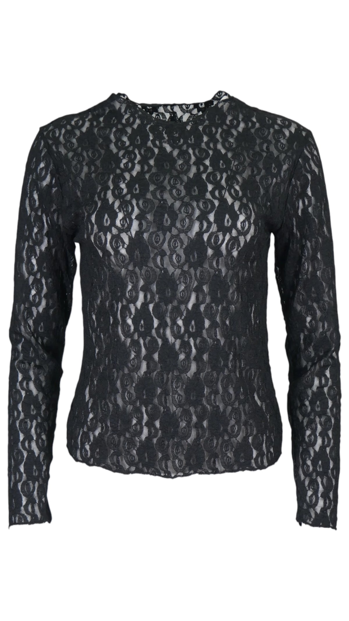 Top de encaje floral en color negro, con transparencias, cuello redondo y manga larga ajustada.
