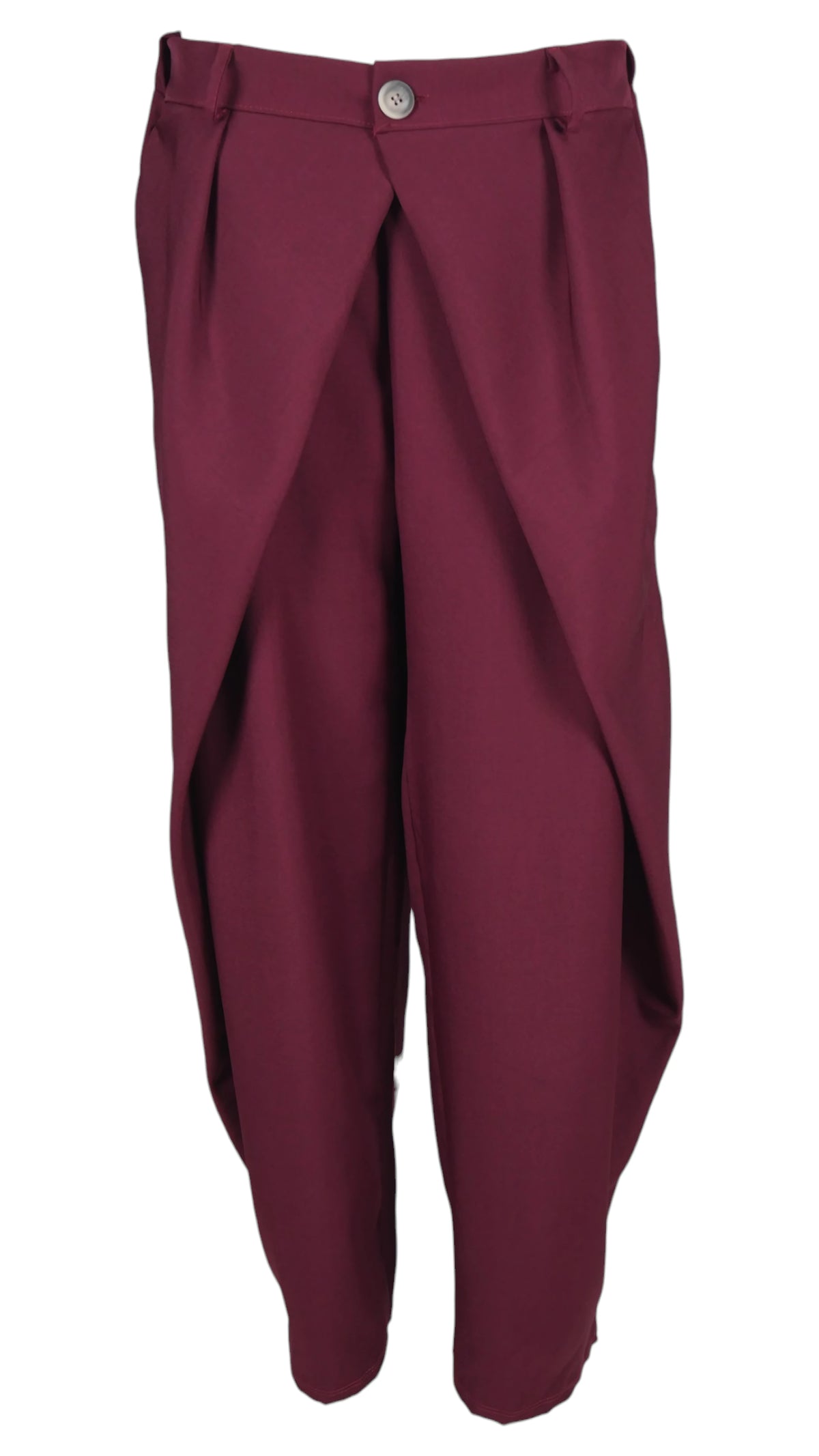 Pantalón Pliegues en color burdeos, de tiro alto y pernera globo, con pliegues superpuestos en el frontal.