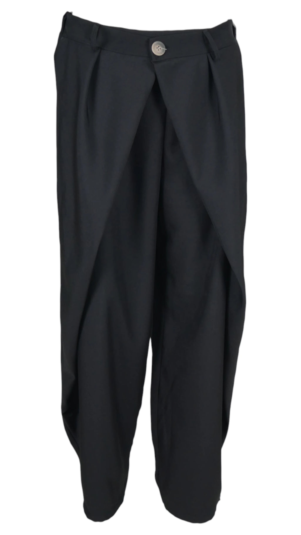 Pantalón Pliegues en color negro, de tiro alto y pernera globo, con pliegues superpuestos en el frontal.