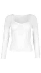 Top Bustier en color blanco, con manga larga, copas marcadas y costuras verticales que entallan el cuerpo.