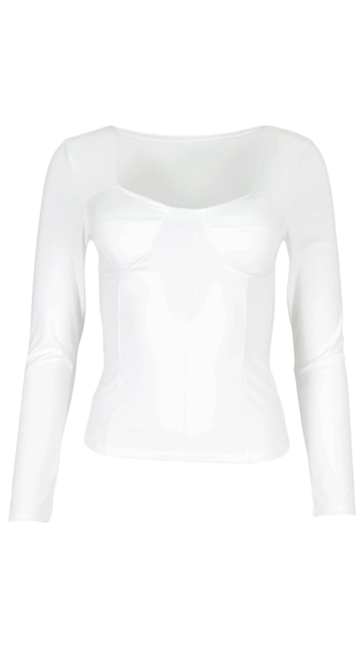 Top Bustier en color blanco, con manga larga, copas marcadas y costuras verticales que entallan el cuerpo.