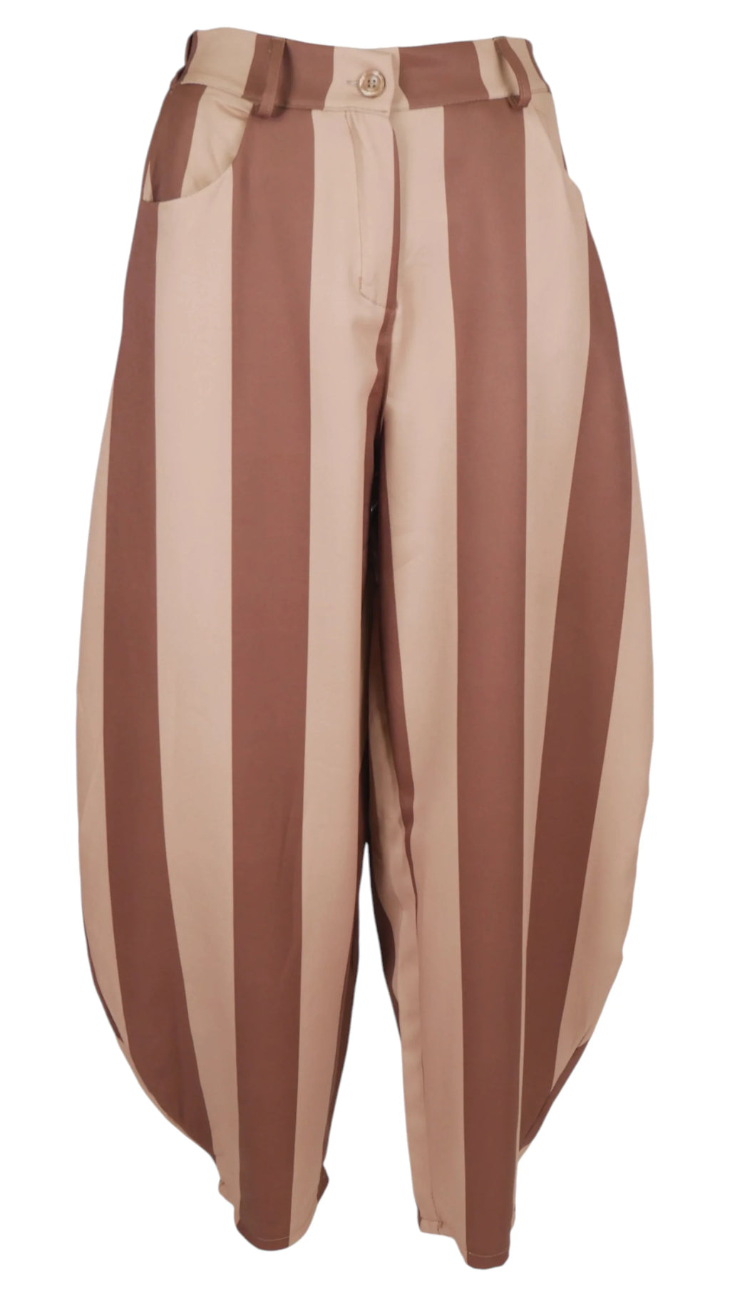 Pantalón Barrel Rayas con franjas verticales en beige y marrón, tiro alto y pernera redondeada.