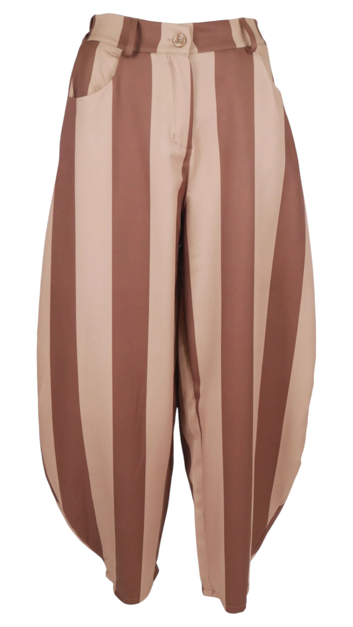 Pantalón Barrel Rayas con franjas verticales en beige y marrón, tiro alto y pernera redondeada.