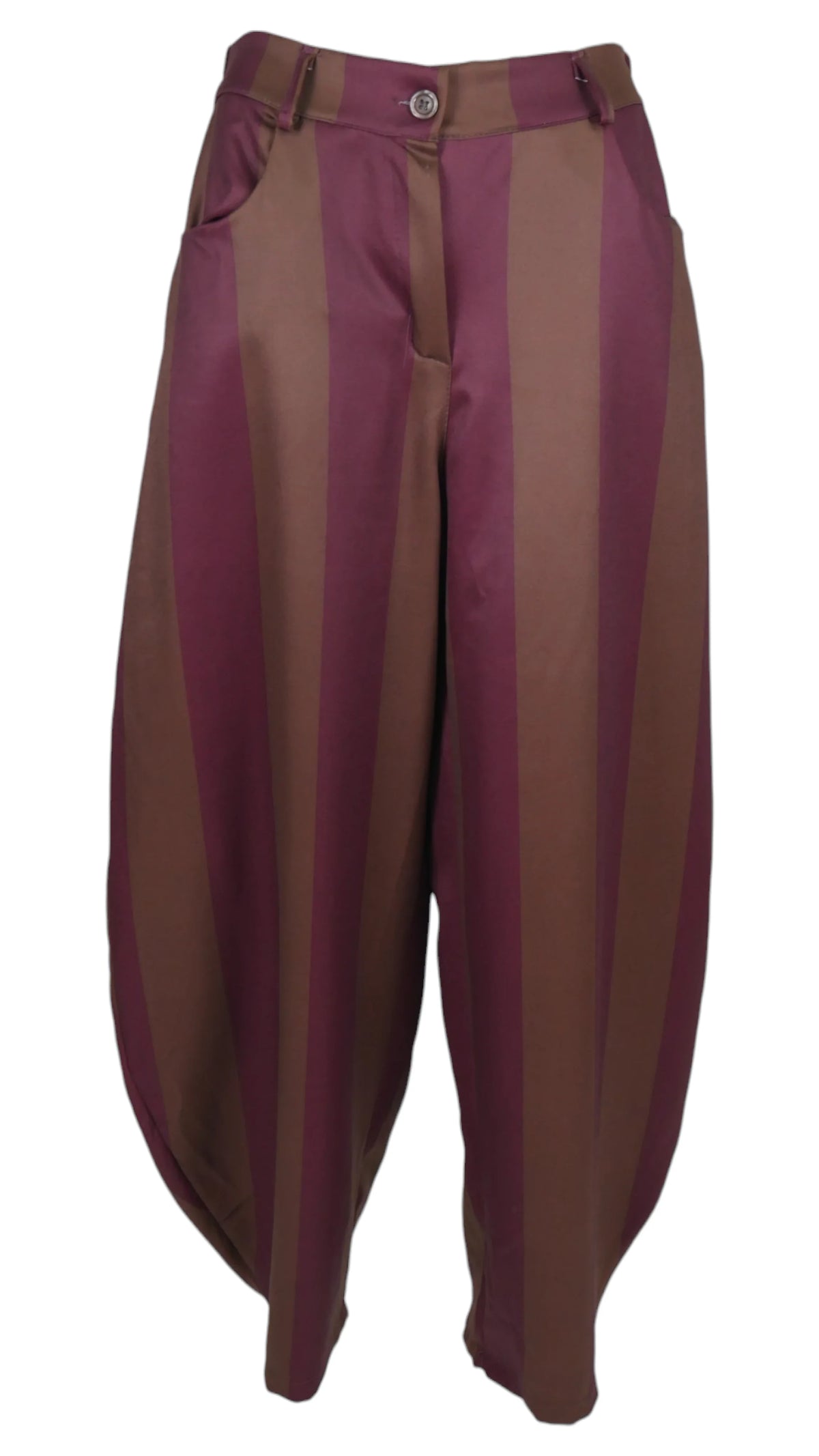 Pantalón Barrel Rayas con franjas verticales en burdeos y marrón, tiro alto y pernera redondeada.