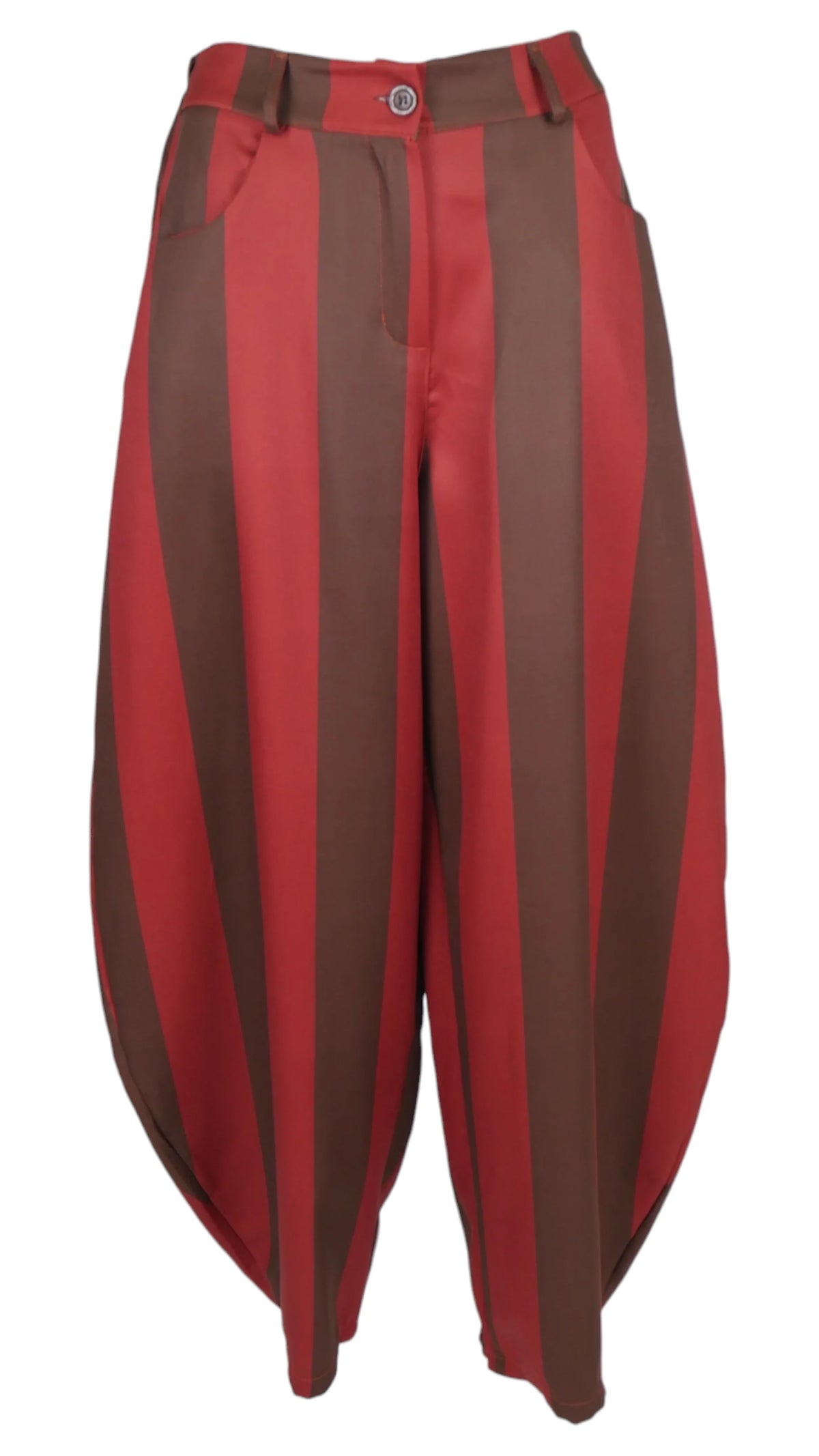 Pantalón Barrel Rayas con franjas verticales en caldera y marrón, tiro alto y pernera redondeada.