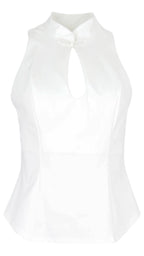Top Oriental en color blanco, sin mangas, con cuello mao, cierre decorativo y abertura frontal en forma de lágrima.