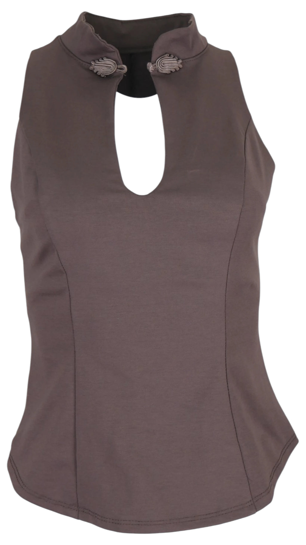 Top Oriental en color marrón, sin mangas, con cuello mao, cierre decorativo y abertura frontal en forma de lágrima.