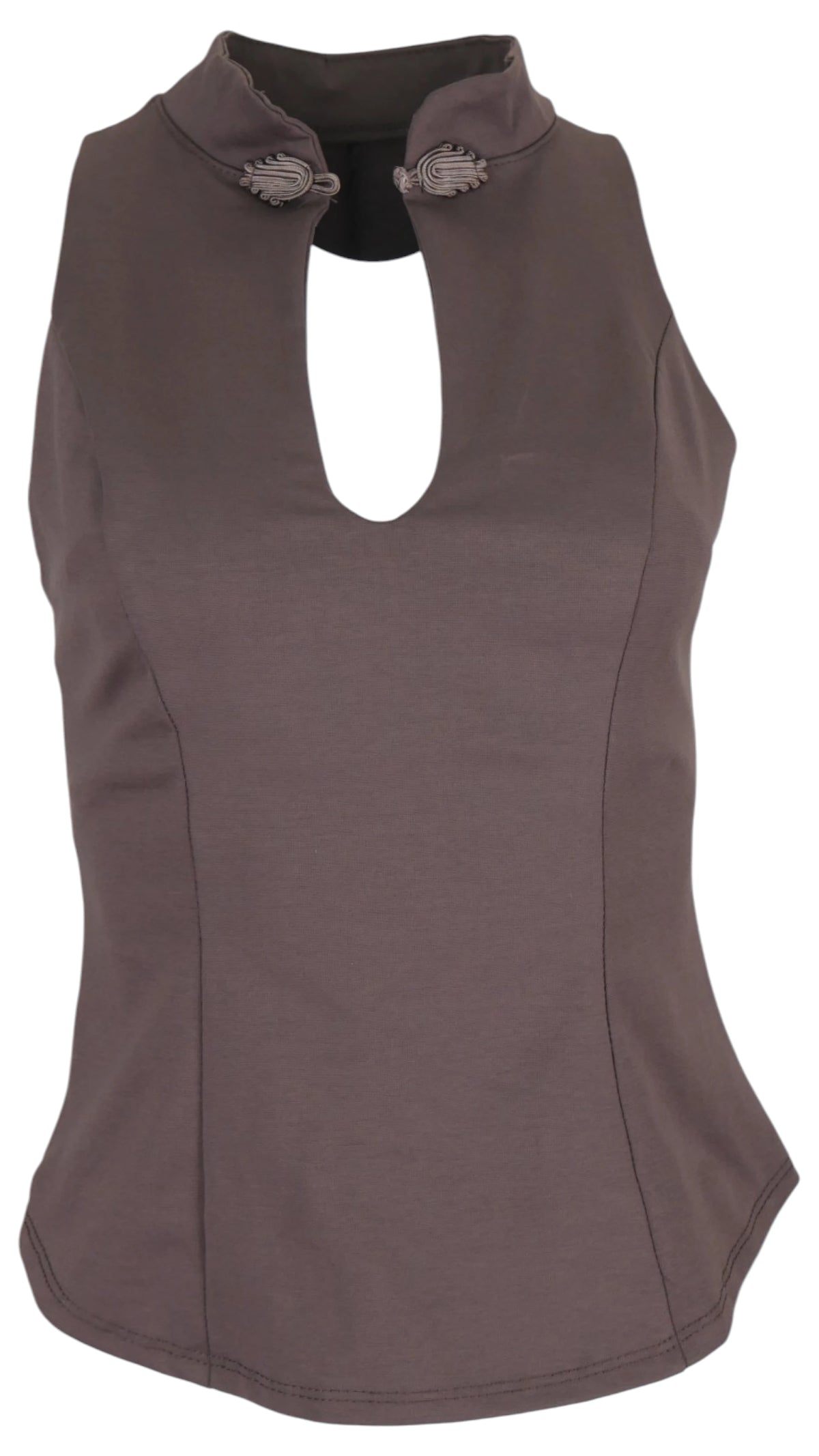Top Oriental en color marrón, sin mangas, con cuello mao, cierre decorativo y abertura frontal en forma de lágrima.