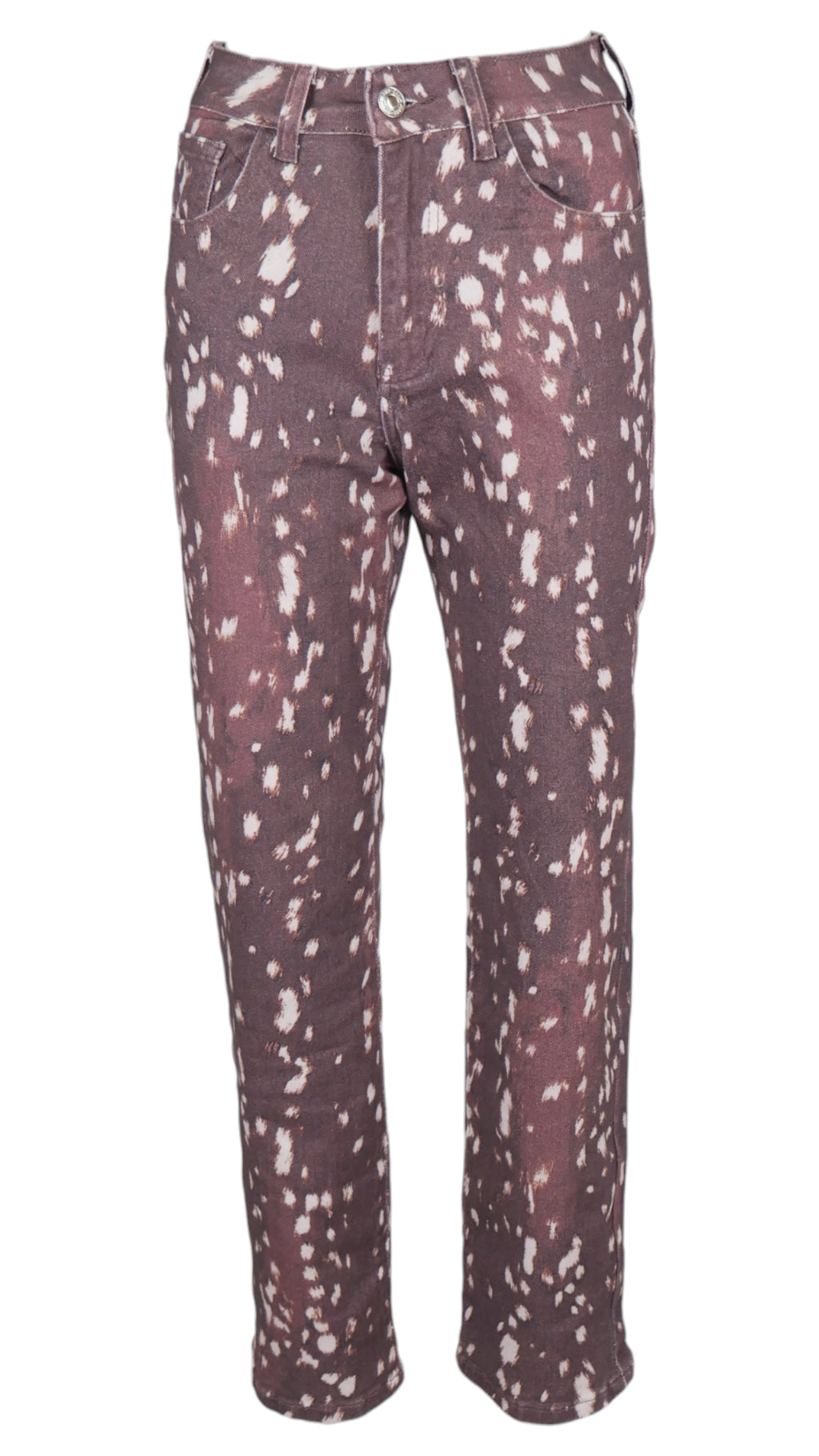 Jeans Bambi de tiro alto y pernera amplia, con estampado de manchas claras sobre fondo marrón.