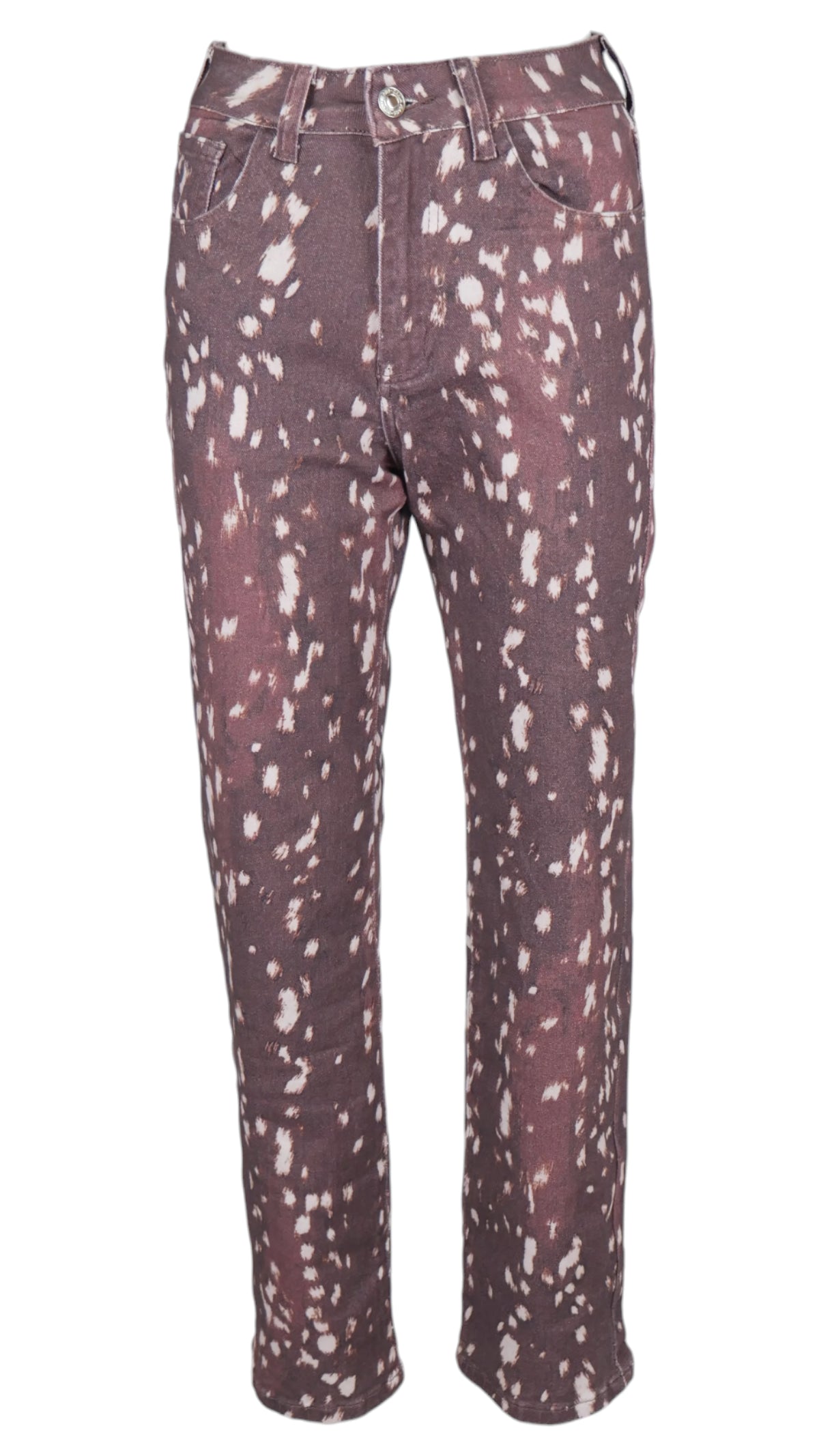 Jeans Bambi de tiro alto y pernera amplia, con estampado de manchas claras sobre fondo marrón.