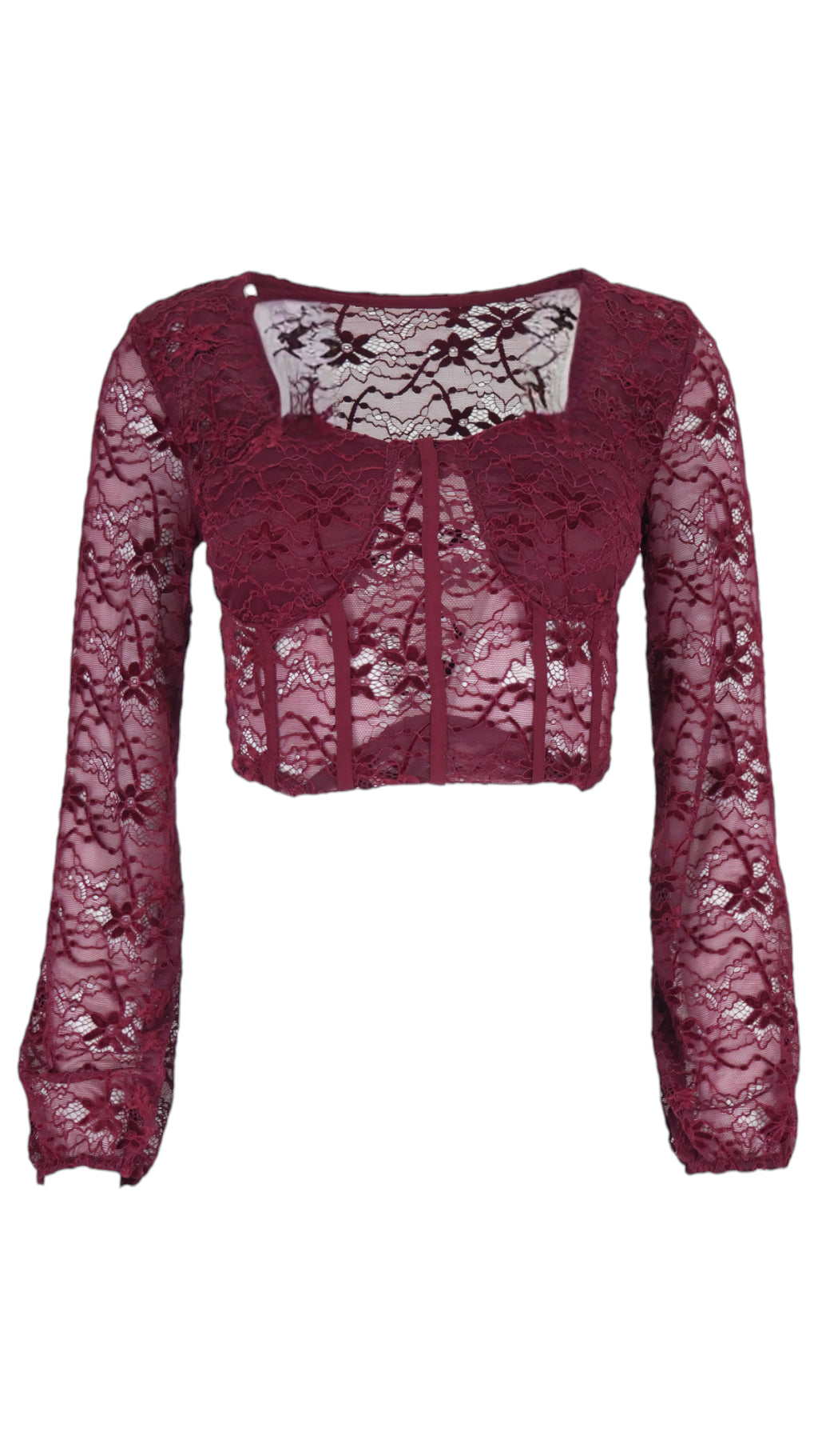 Top Bralette de encaje en color burdeos, con cuerpo corto tipo corsé, bajo en pico y mangas largas transparentes.