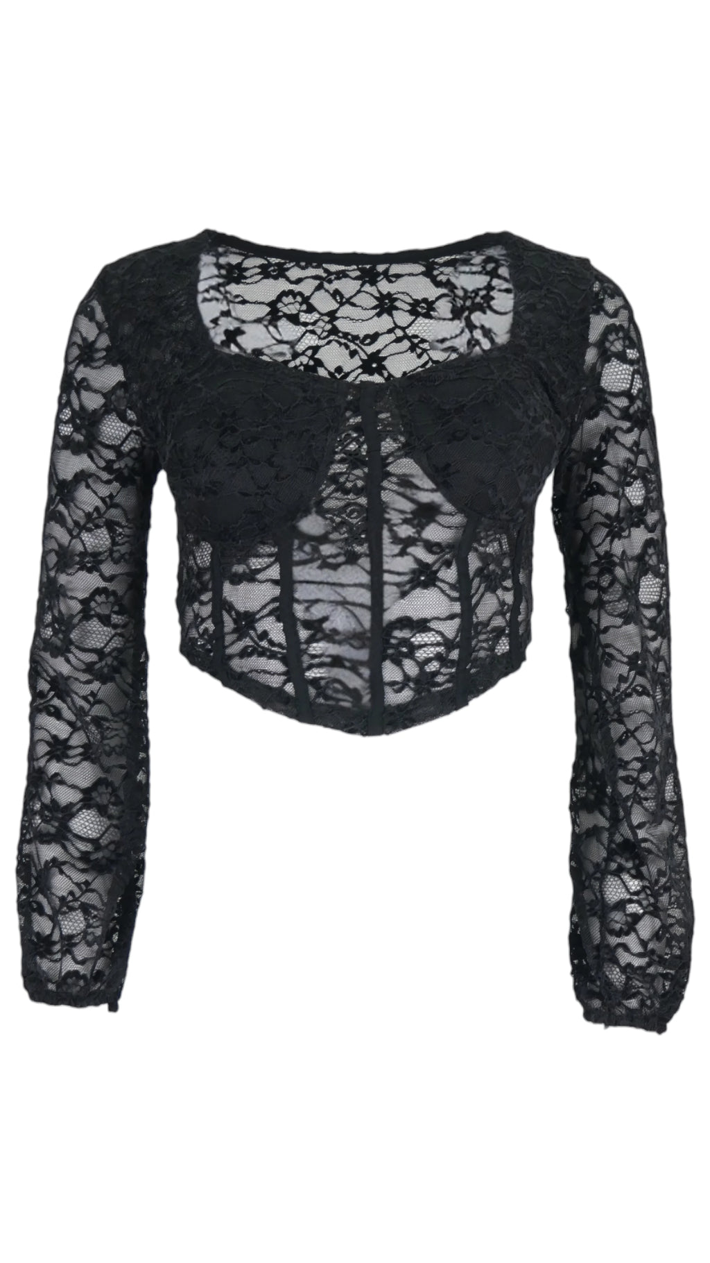 Top Bralette de encaje en color negro, con cuerpo corto tipo corsé, bajo en pico y mangas largas transparentes.