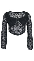 Top Bralette de encaje en color negro, con cuerpo corto tipo corsé, bajo en pico y mangas largas transparentes.