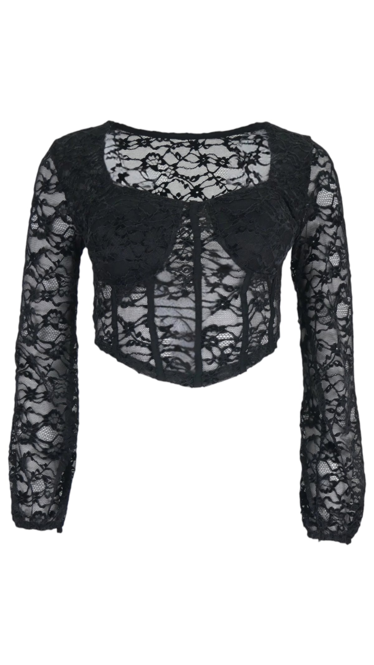 Top Bralette de encaje en color negro, con cuerpo corto tipo corsé, bajo en pico y mangas largas transparentes.