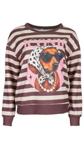 Sudadera Iconic de rayas beige y marrón, con estampado de perro con gafas, letras ICONIC y manga larga.