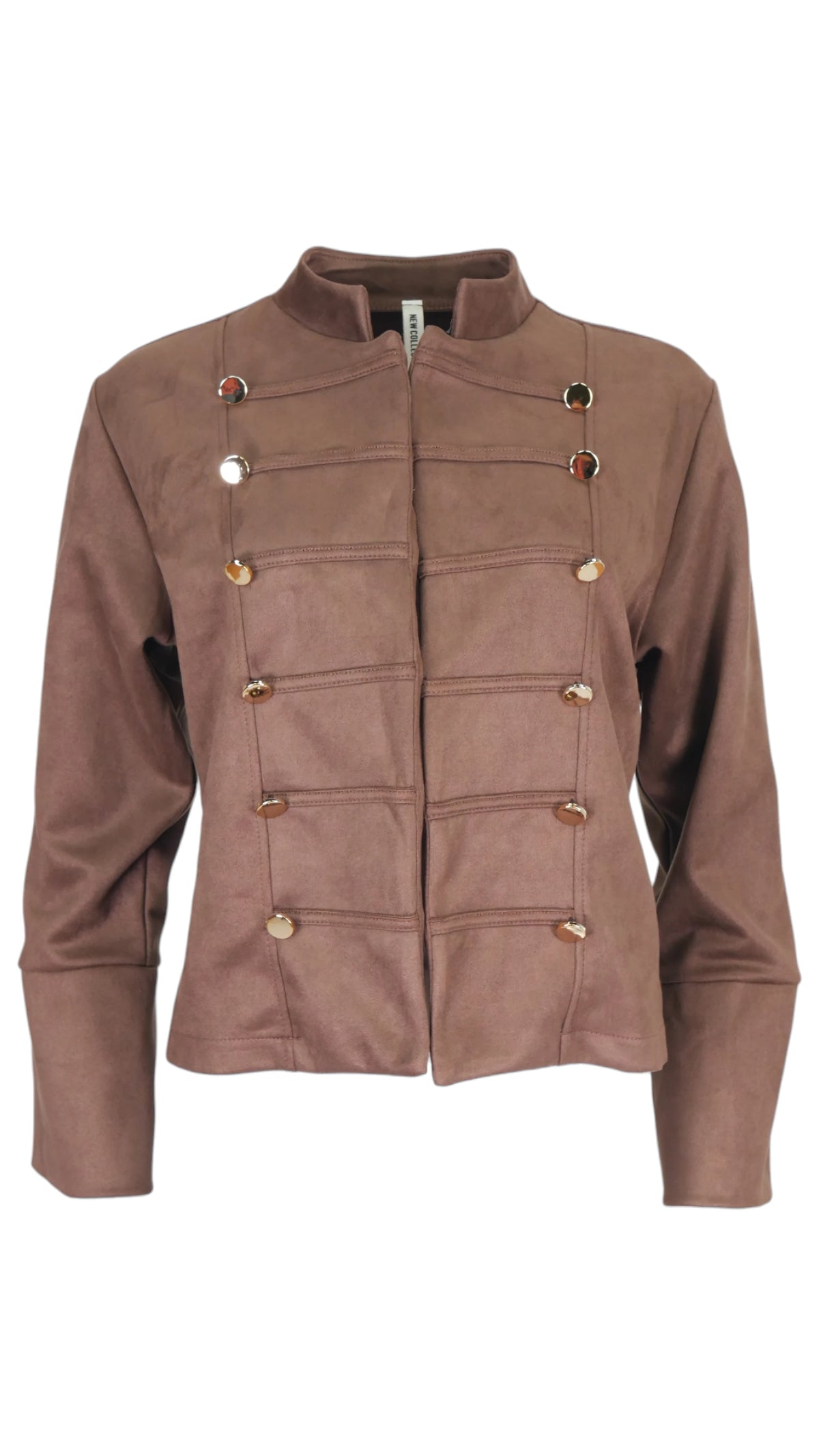 Chaqueta militar en color marrón, con cuello corto, manga larga y botones unidos por presillas horizontales.
