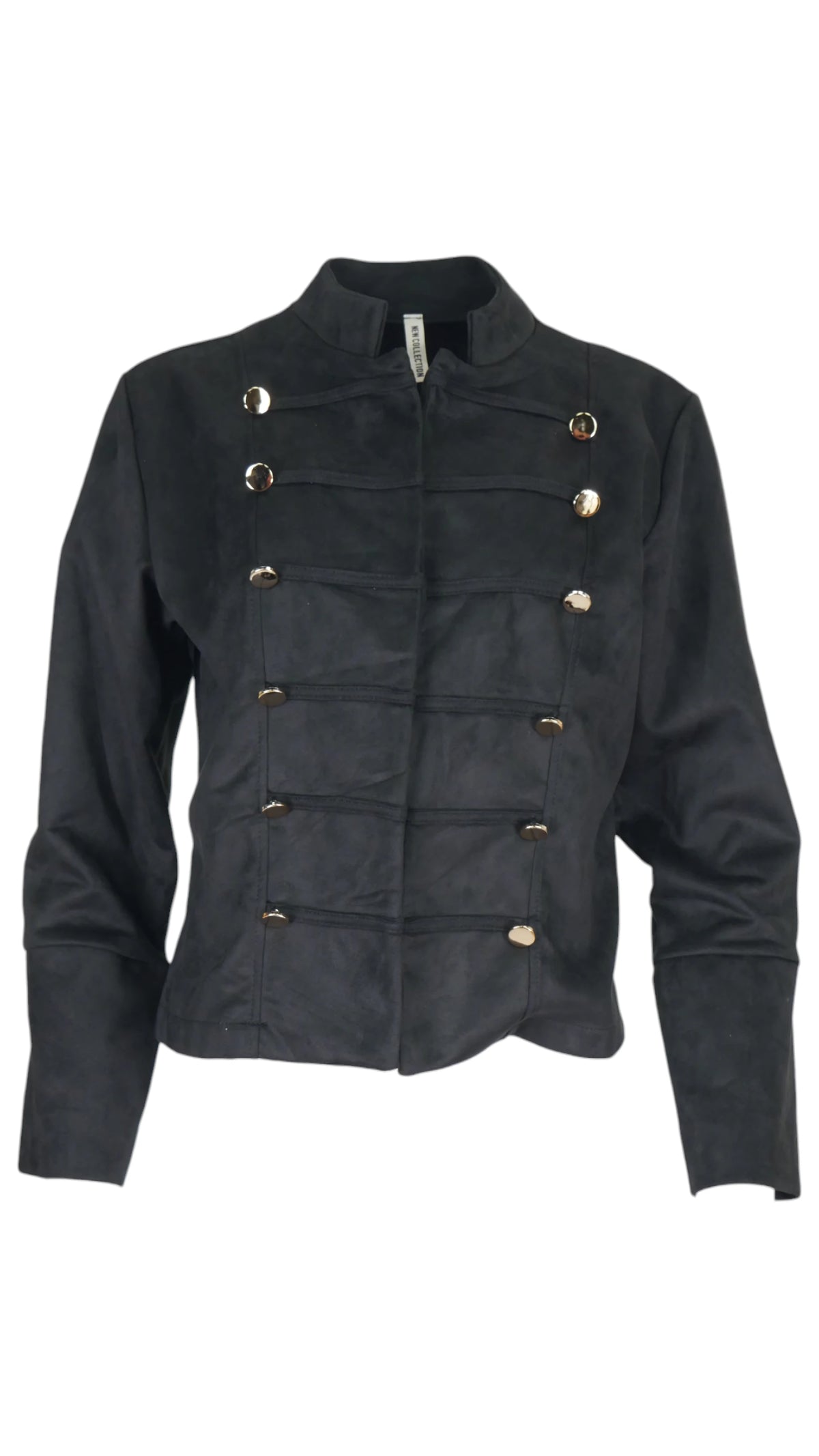 Chaqueta militar en color negro, con cuello corto, manga larga y botones unidos por presillas horizontales.