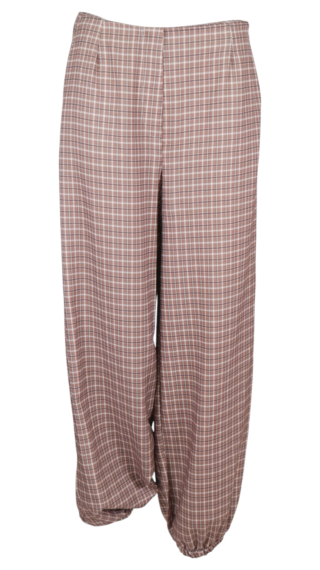 Pantalón Balloon Cuadros en tono camel, de tiro alto, con perneras amplias y bajos fruncidos.
