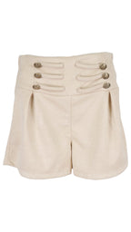 Short Botones en color beige y efecto ante, con tiro alto y dos filas de botones unidos por presillas.