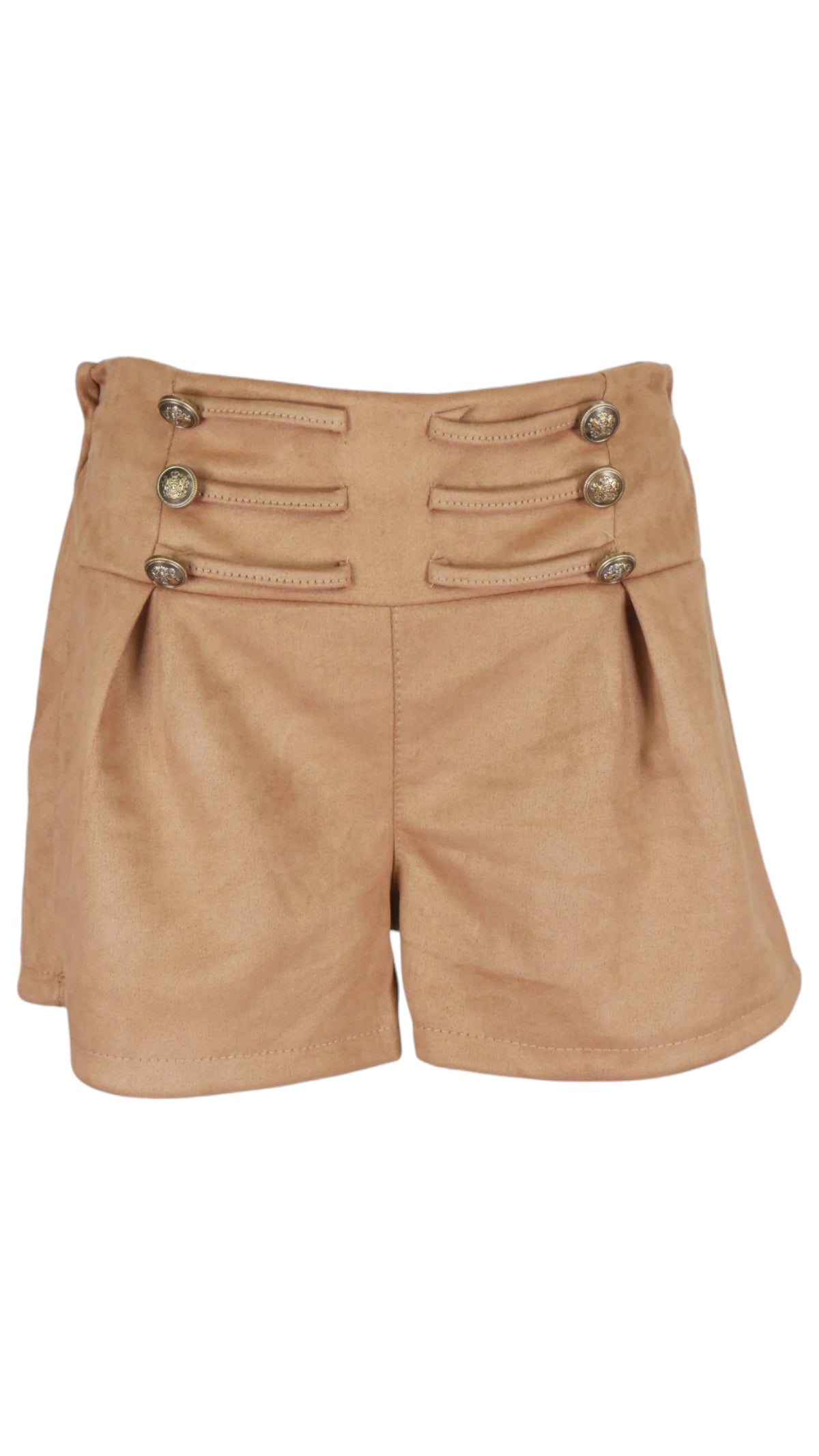 Short Botones en color camel y efecto ante, con tiro alto y dos filas de botones unidos por presillas.