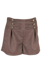 Short Botones en color marrón y efecto ante, con tiro alto y dos filas de botones unidos por presillas.