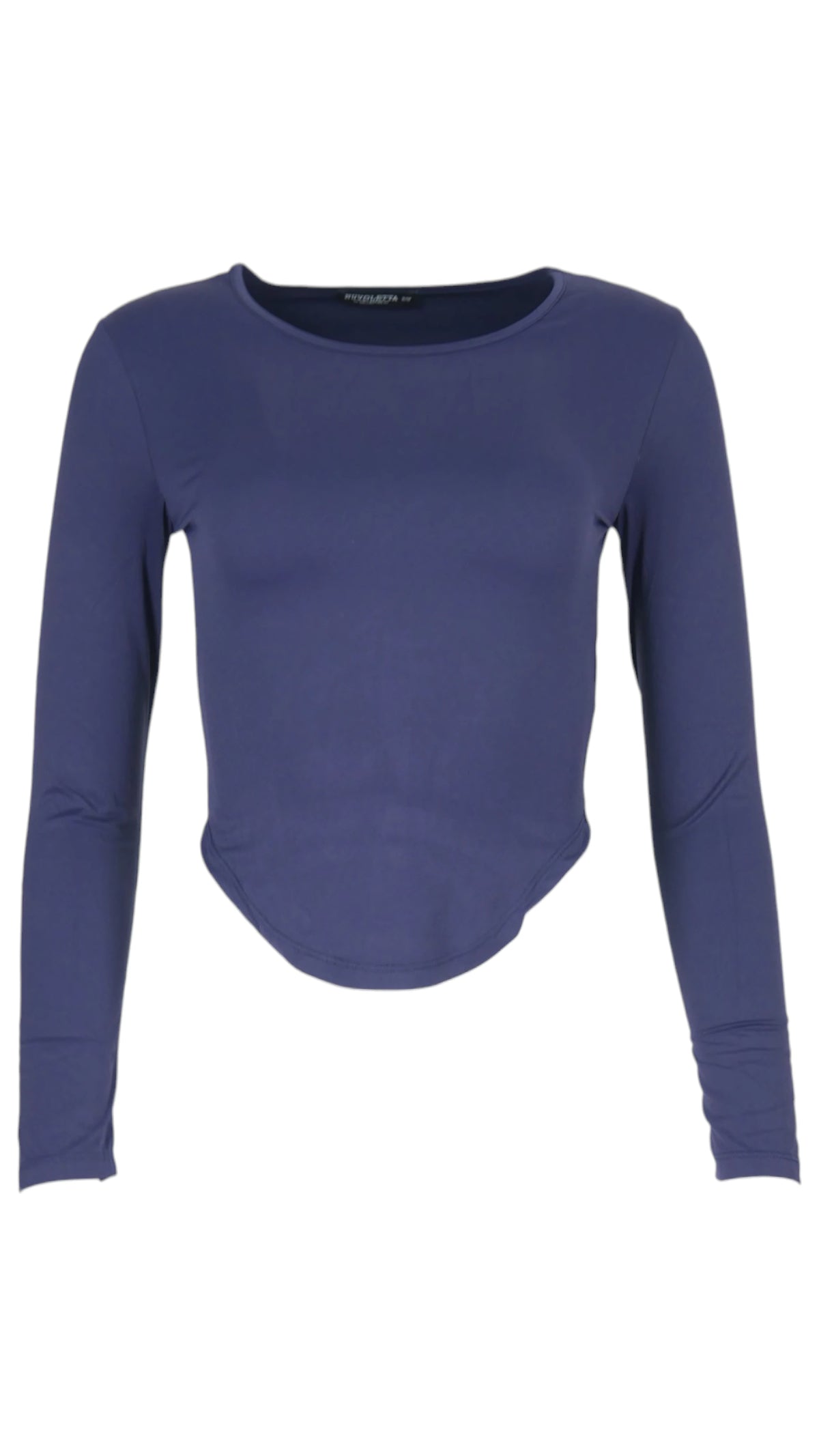 Camiseta Essential en color azul marino, de manga larga, con cuello redondo, corte entallado y bajo en pico.