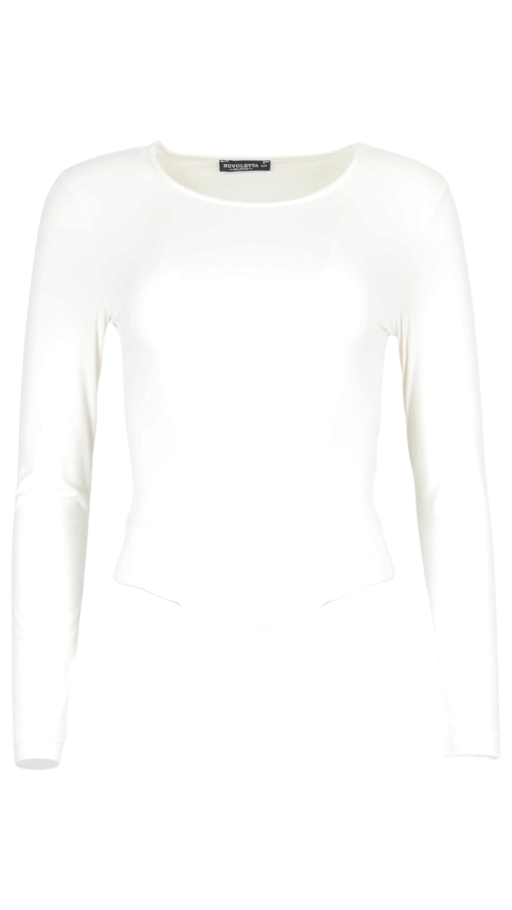 Camiseta Essential en color blanco, de manga larga, con cuello redondo, corte entallado y bajo en pico.