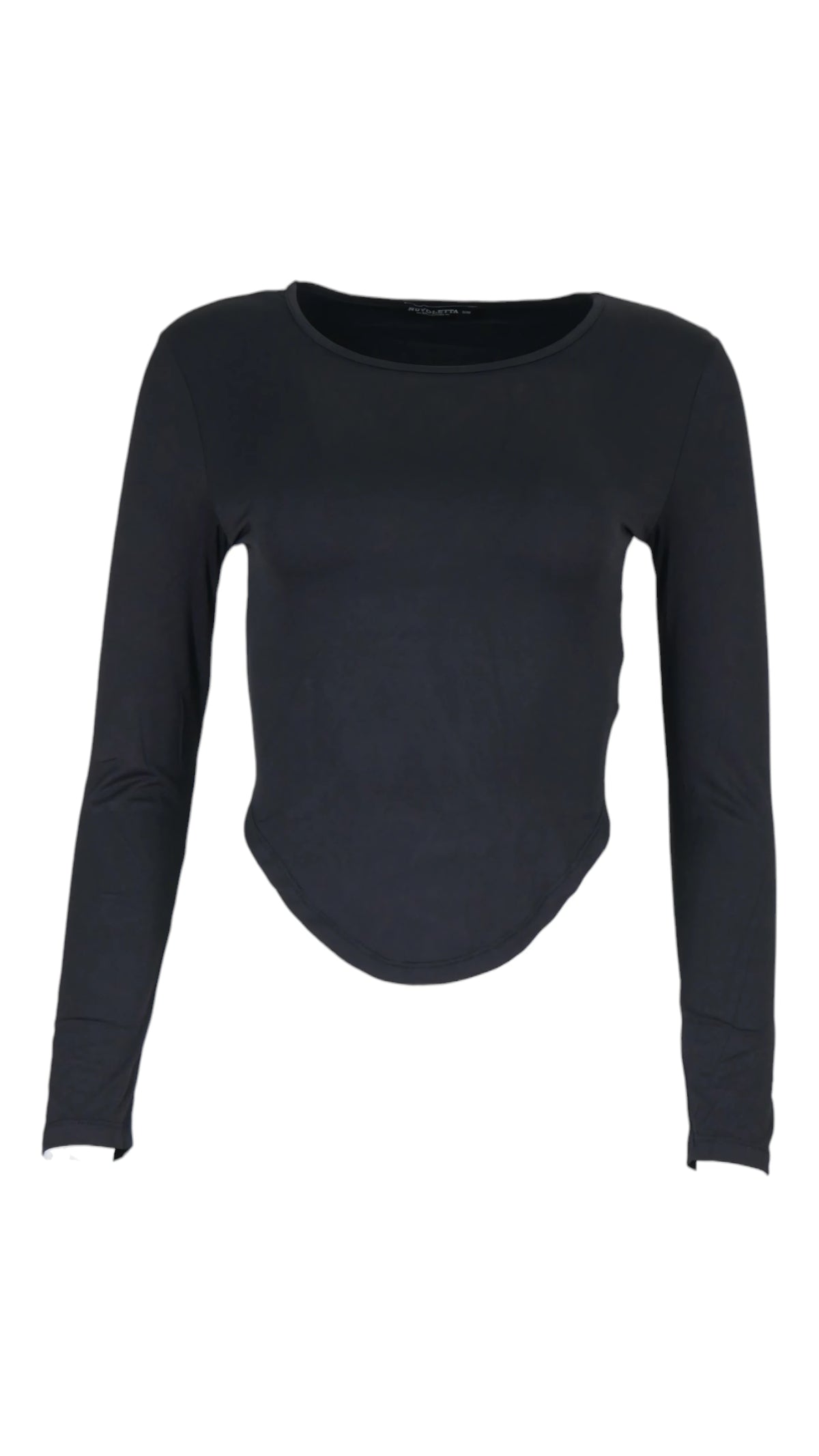 Camiseta Essential en color negro, de manga larga, con cuello redondo, corte entallado y bajo en pico.