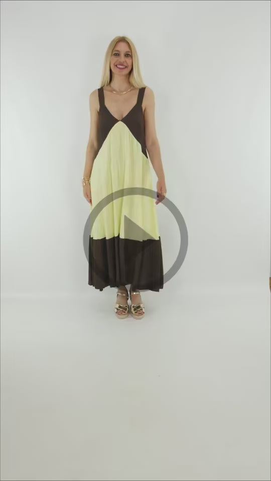 Video del Look de Vestido Mallorca contraste amarillo y marrón