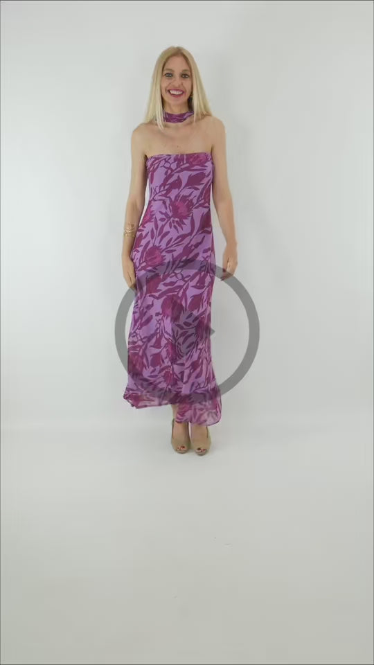Video del Vestido largo floral palabra de honor rosa lila